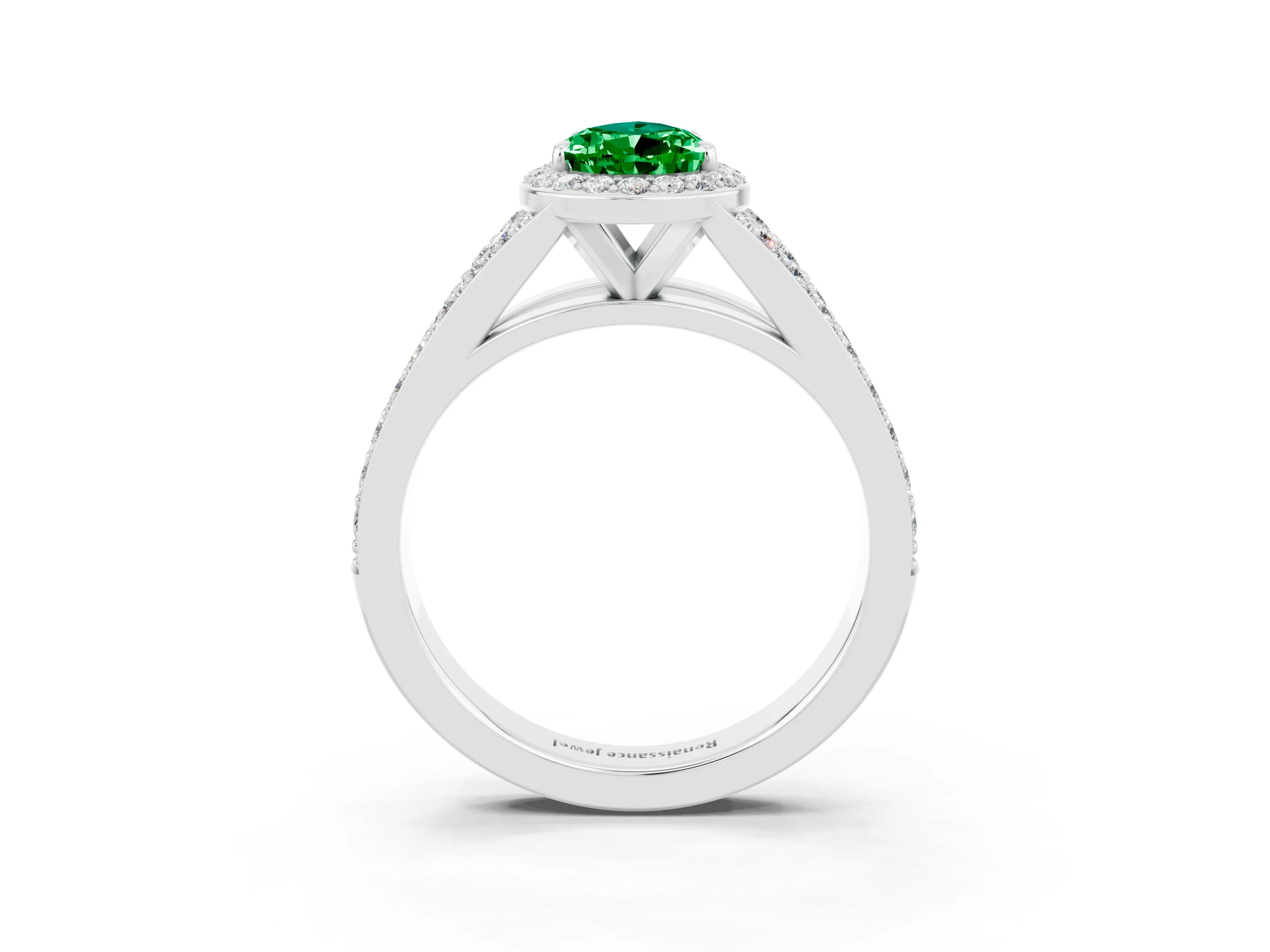 White gold Pear Cut Emerald Split Shank Halo Ring with Four-Prong Setting_15