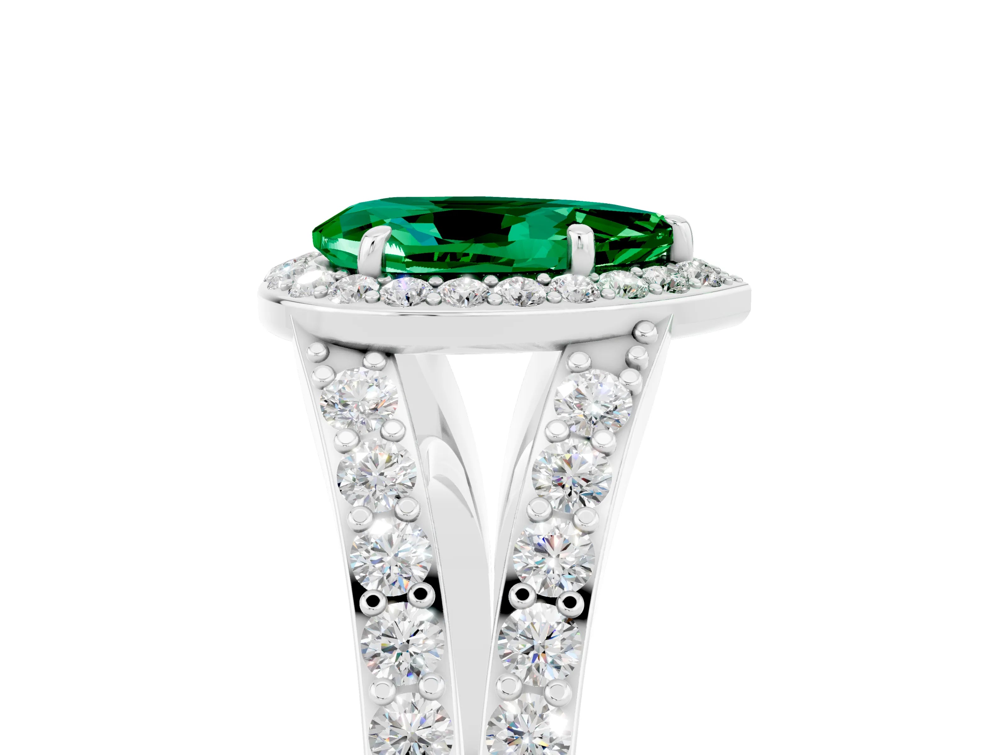 White gold Pear Cut Emerald Split Shank Halo Ring with Four-Prong Setting_17