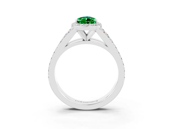White gold Pear Cut Emerald Split Shank Halo Ring with Four-Prong Setting