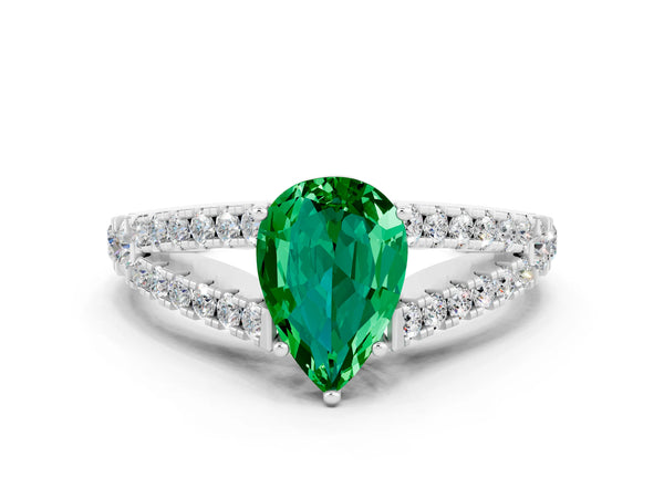 Platinum Pear Cut Emerald Split Shank Pavé Engagement Ring with Four-Prong Setting