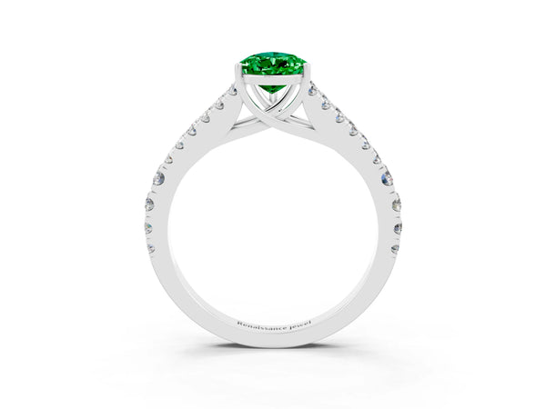 Silver Pear Cut Emerald Split Shank Pavé Engagement Ring with Four-Prong Setting