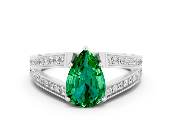 Platinum Pear Cut Emerald Split Shank Ring with Pavé Band and Four-Prong Setting