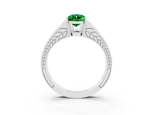 Silver Pear Cut Emerald Split Shank Ring with Pavé Band and Four-Prong Setting