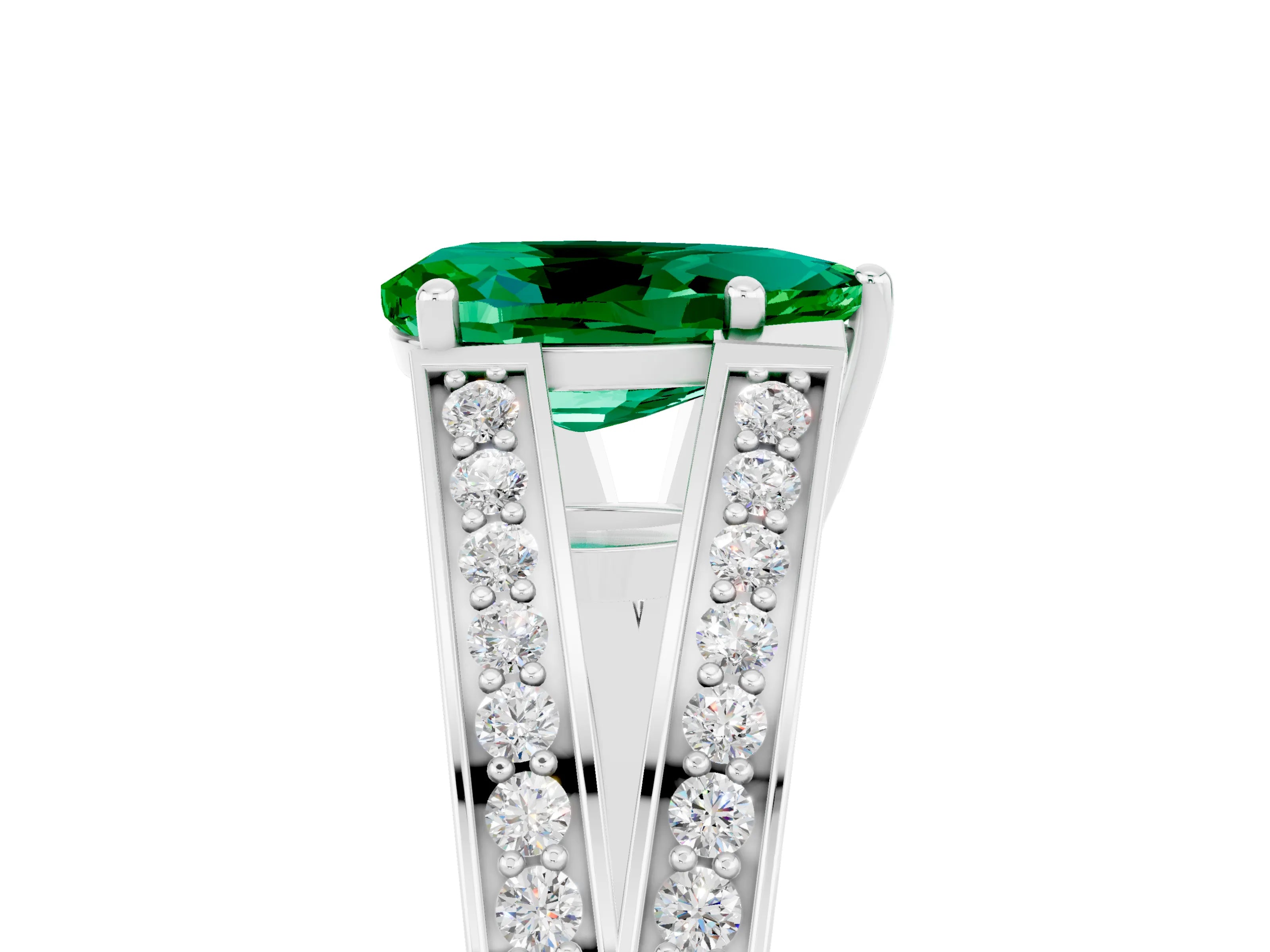 White gold Pear Cut Emerald Split Shank Ring with Pavé Band and Four-Prong Setting_5