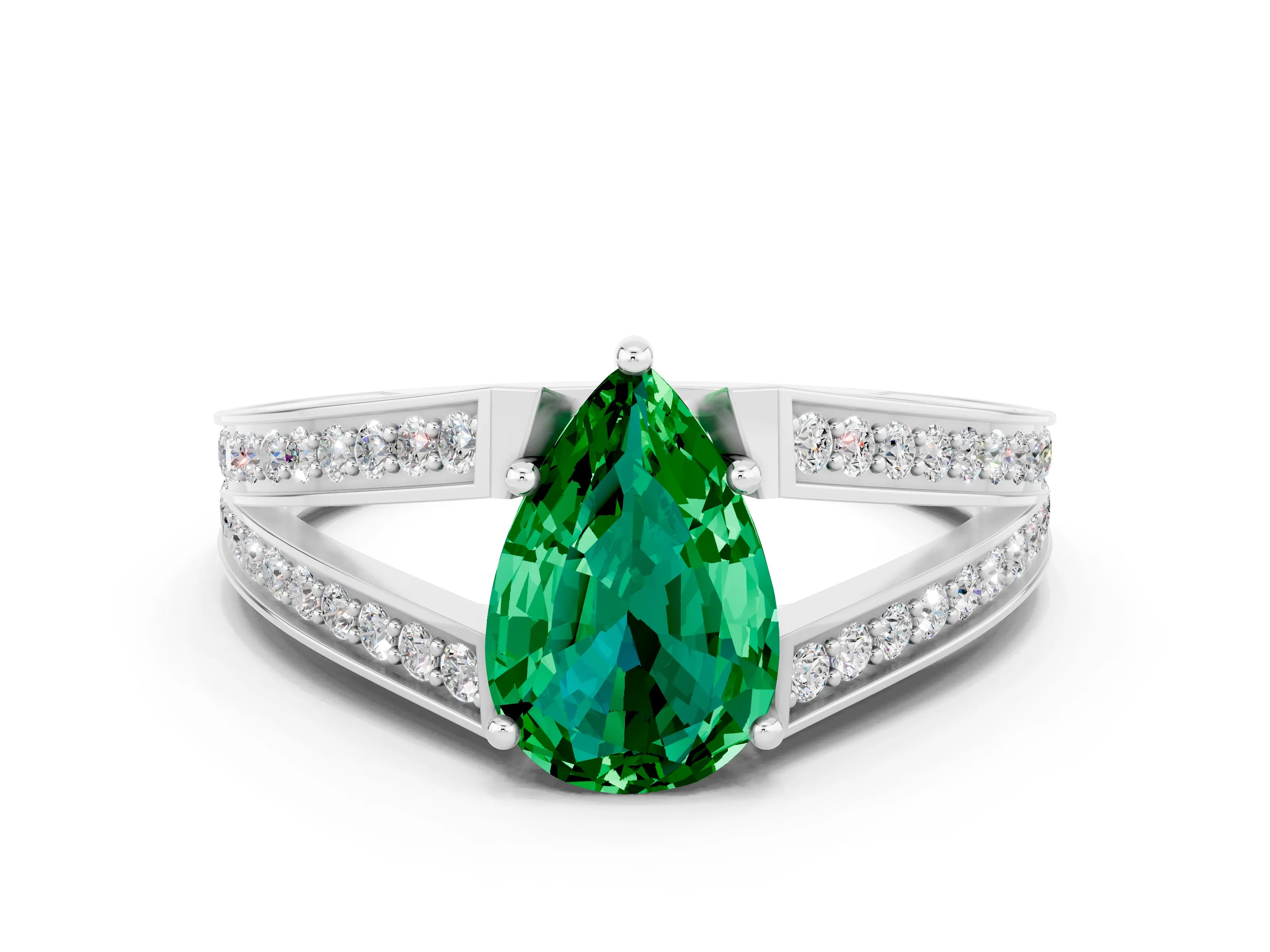 White gold Pear Cut Emerald Split Shank Ring with Pavé Band and Four-Prong Setting