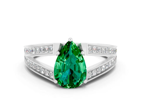 White gold Pear Cut Emerald Split Shank Ring with Pavé Band and Four-Prong Setting