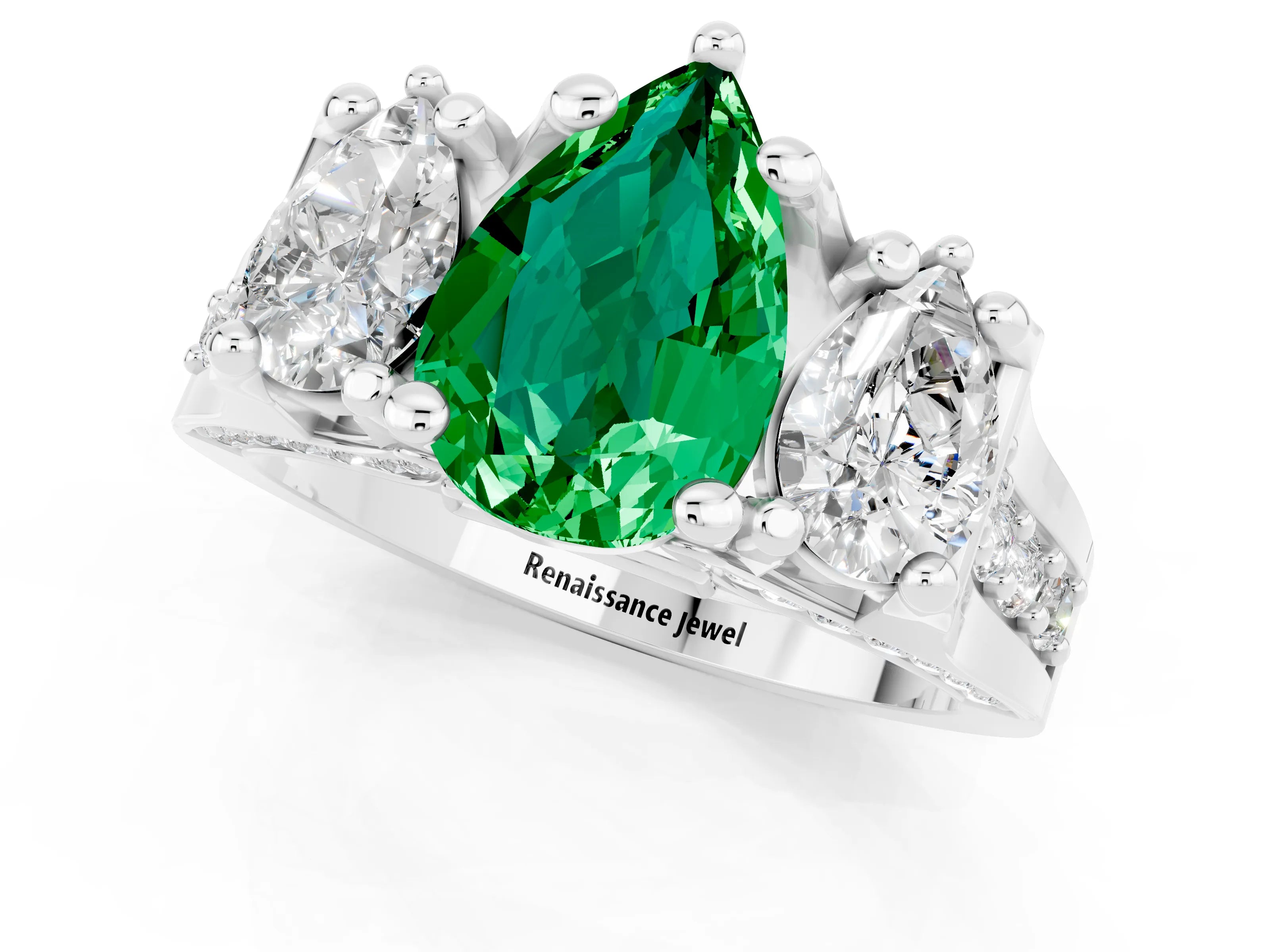 White gold Pear Cut Emerald Three-Stone Ring with Channel Set Band and Four-Prong Setting_1