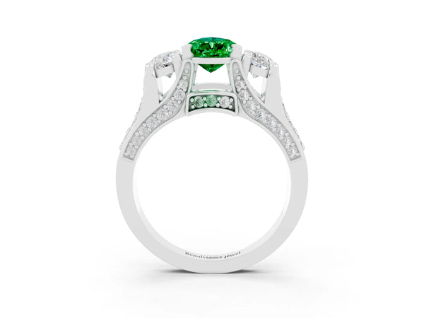 Silver Pear Cut Emerald Three-Stone Ring with Channel Set Band and Four-Prong Setting