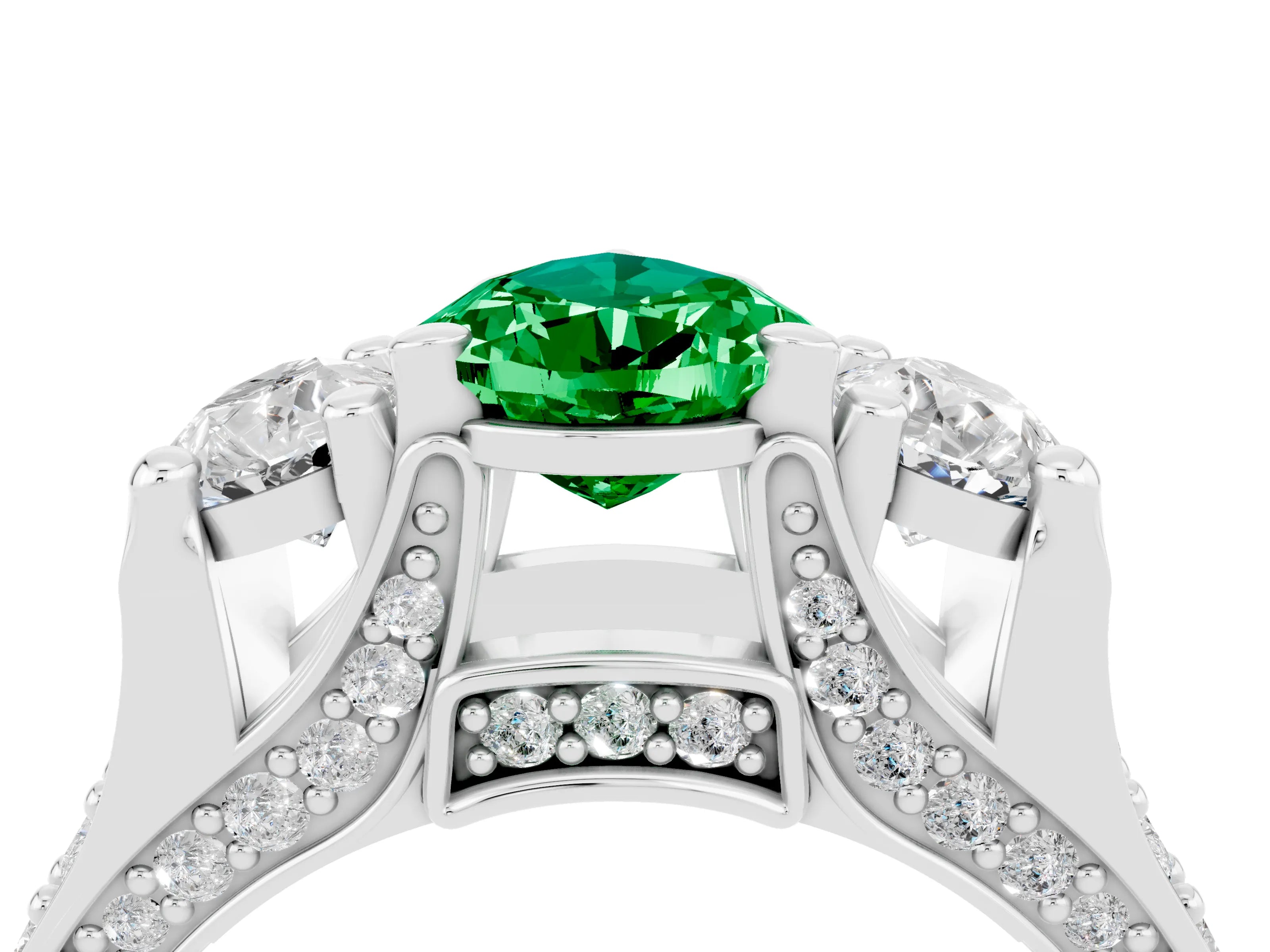 White gold Pear Cut Emerald Three-Stone Ring with Channel Set Band and Four-Prong Setting_4