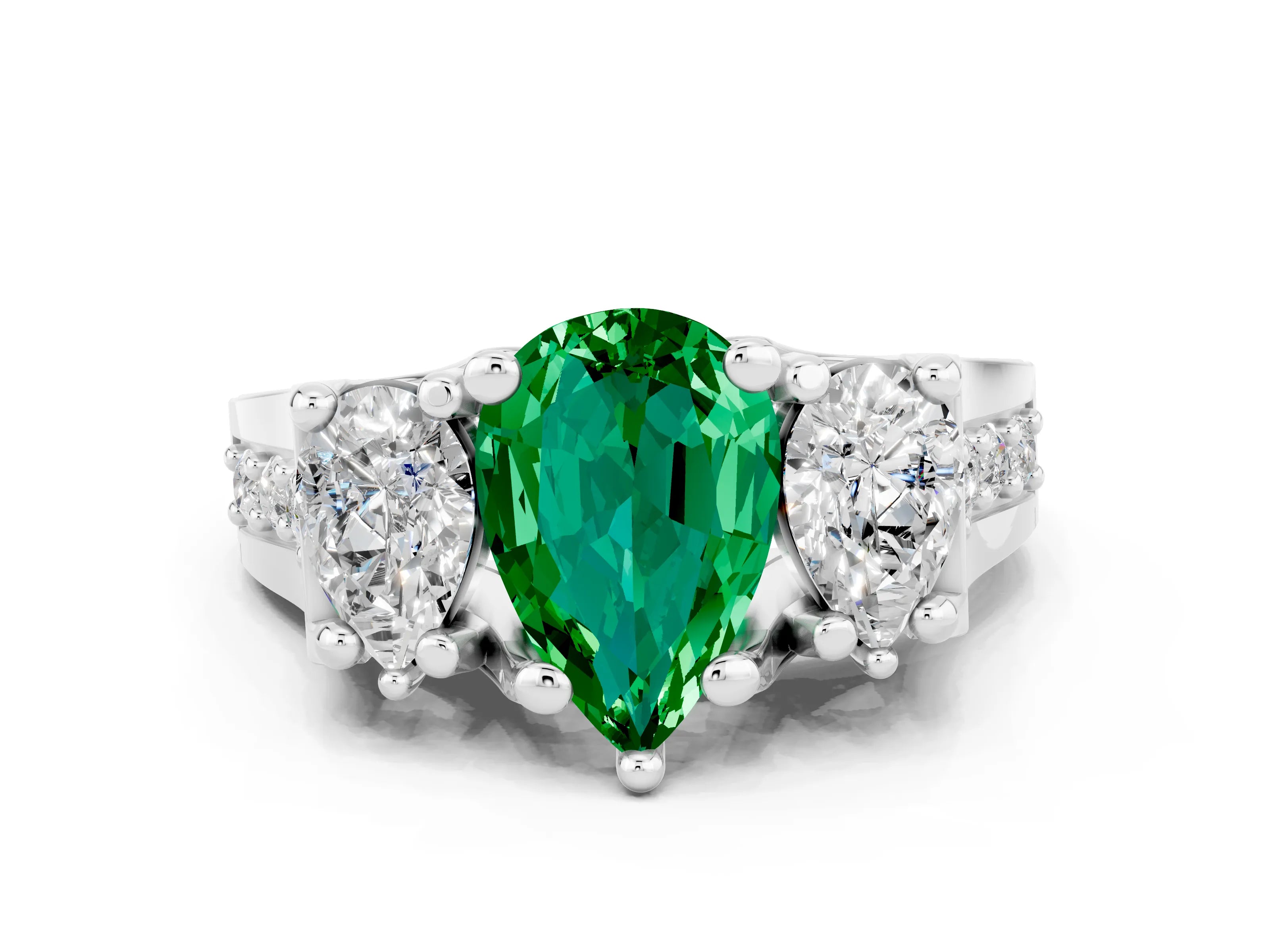 White gold Pear Cut Emerald Three-Stone Ring with Channel Set Band and Four-Prong Setting