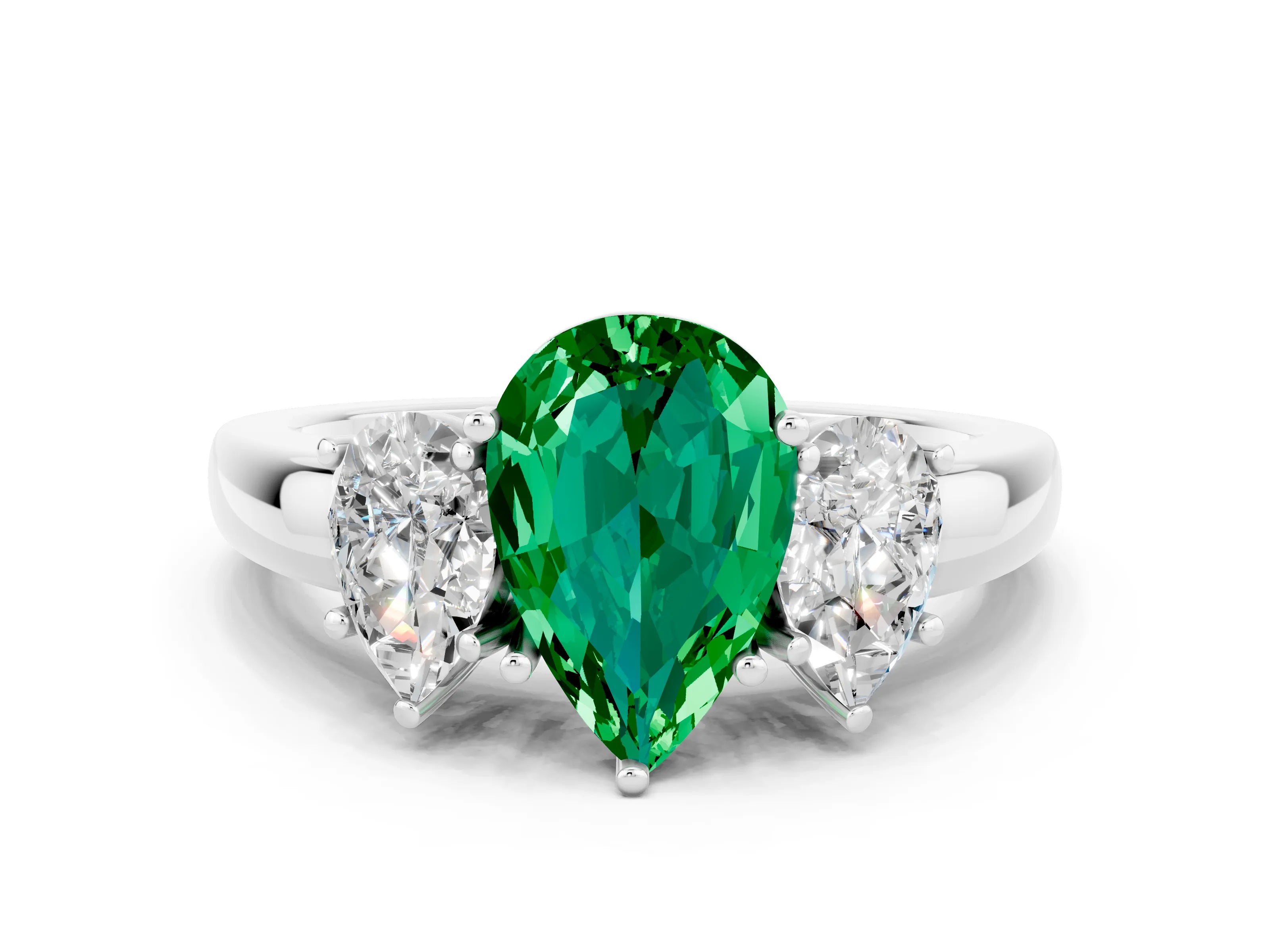 White gold Pear Cut Emerald Three-Stone Ring with Four-Prong Setting and Classic Band