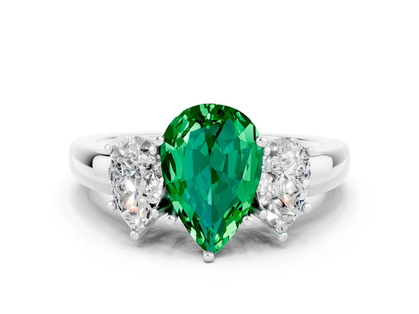 Platinum Pear Cut Emerald Three-Stone Ring with Four-Prong Setting and Classic Band