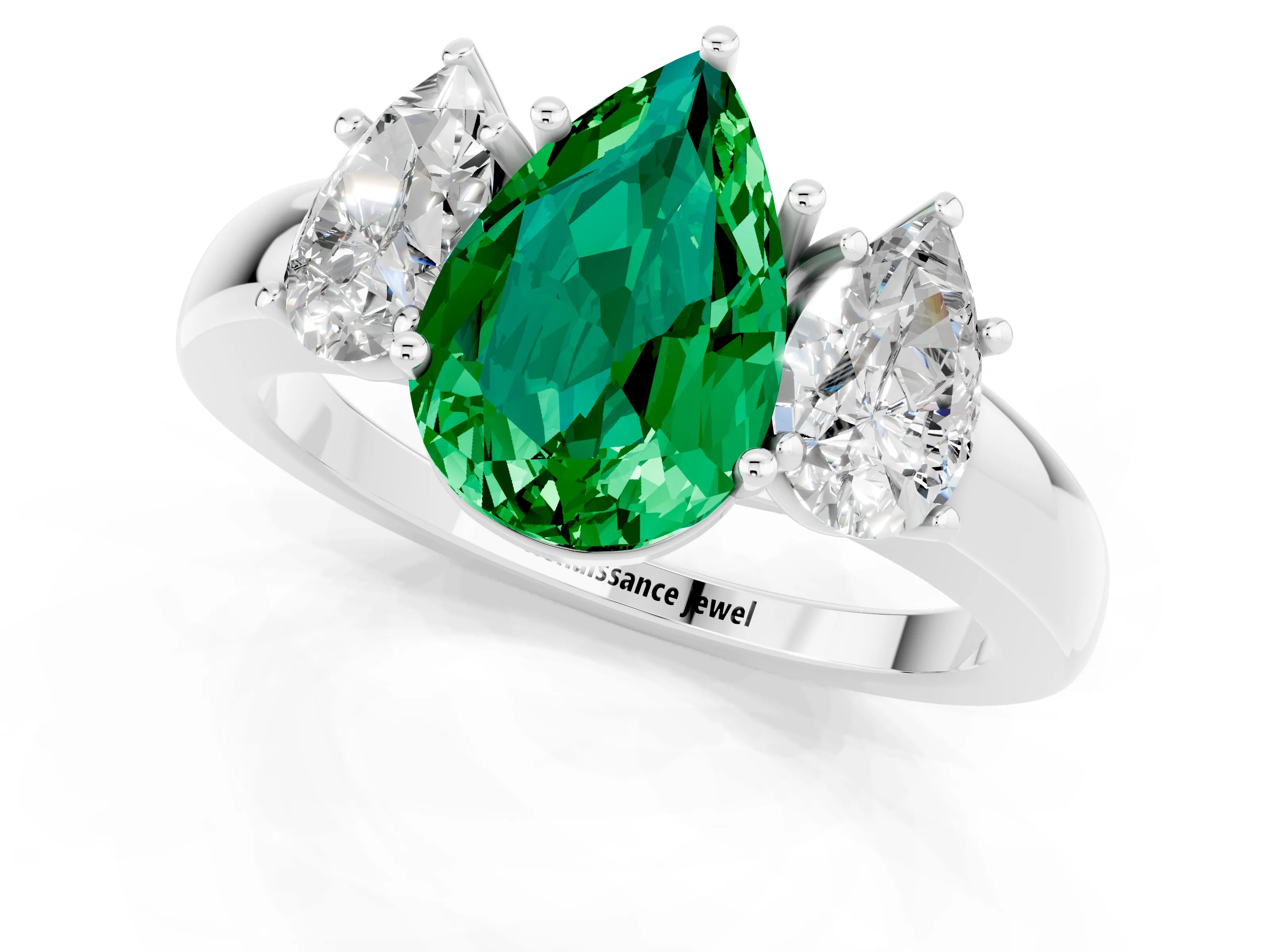 White gold Pear Cut Emerald Three-Stone Ring with Four-Prong Setting and Classic Band_1