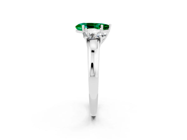 Platinum Pear Cut Emerald Three-Stone Ring with Four-Prong Setting and Classic Band