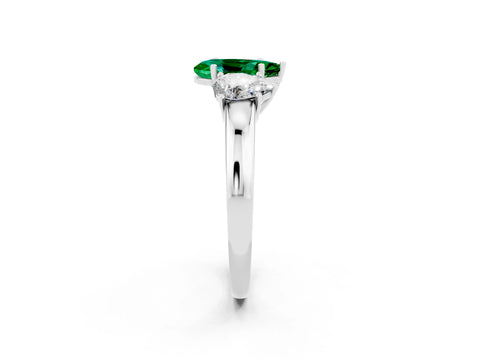 White gold Pear Cut Emerald Three-Stone Ring with Four-Prong Setting and Classic Band_2