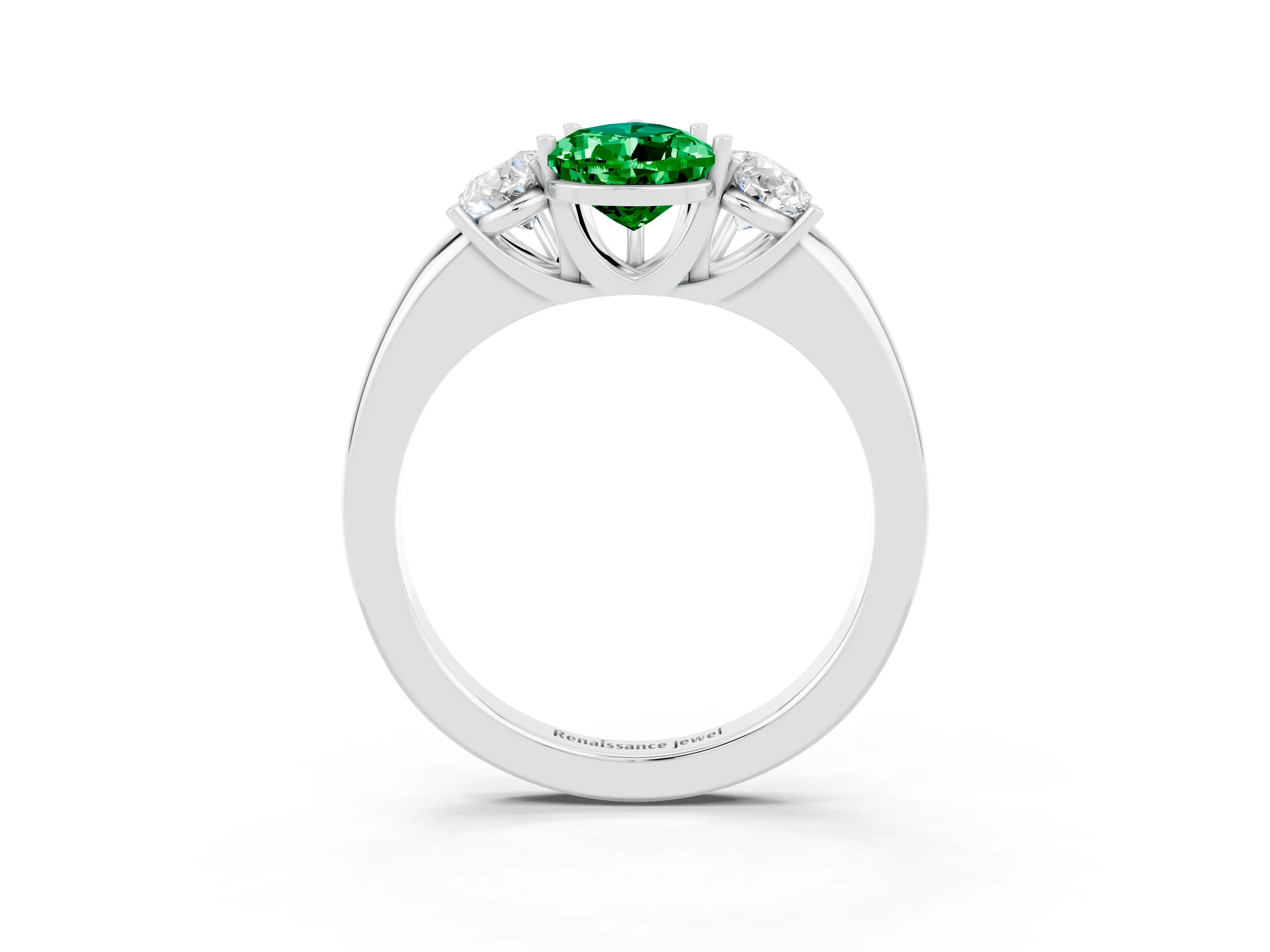 White gold Pear Cut Emerald Three-Stone Ring with Four-Prong Setting and Classic Band_3