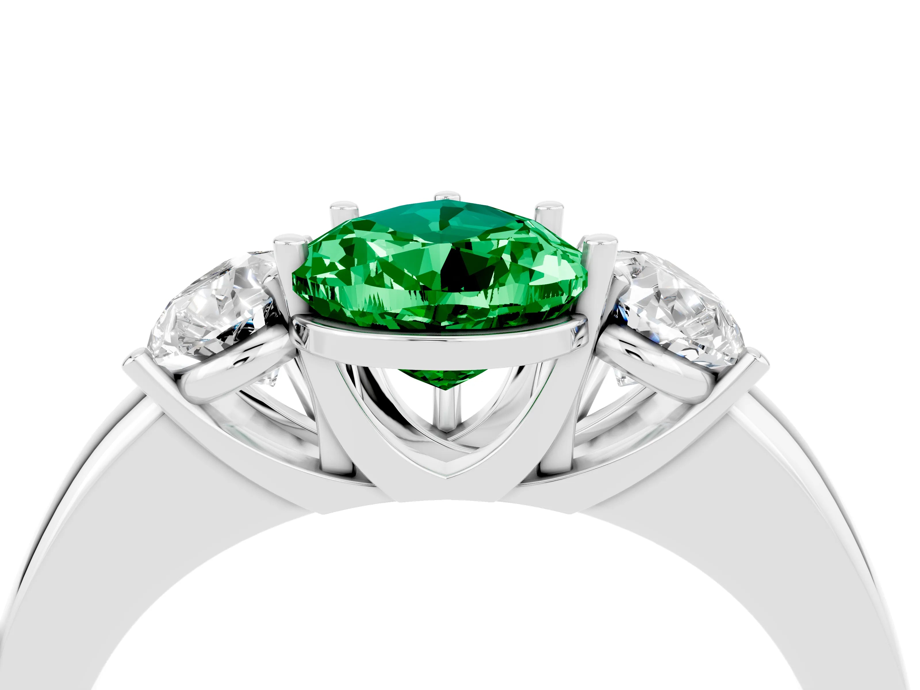 White gold Pear Cut Emerald Three-Stone Ring with Four-Prong Setting and Classic Band_4