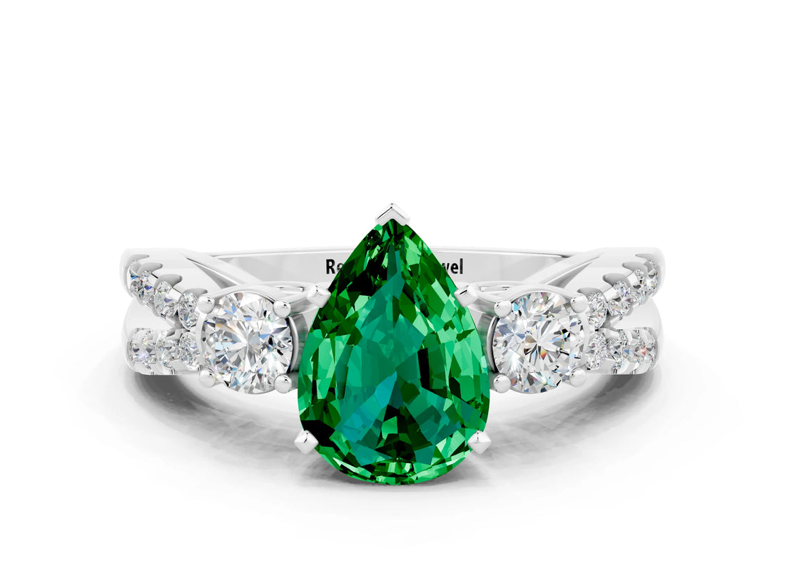 White gold Pear Cut Emerald Three-Stone Ring with Pavé Split Shank and Four-Prong Setting_12