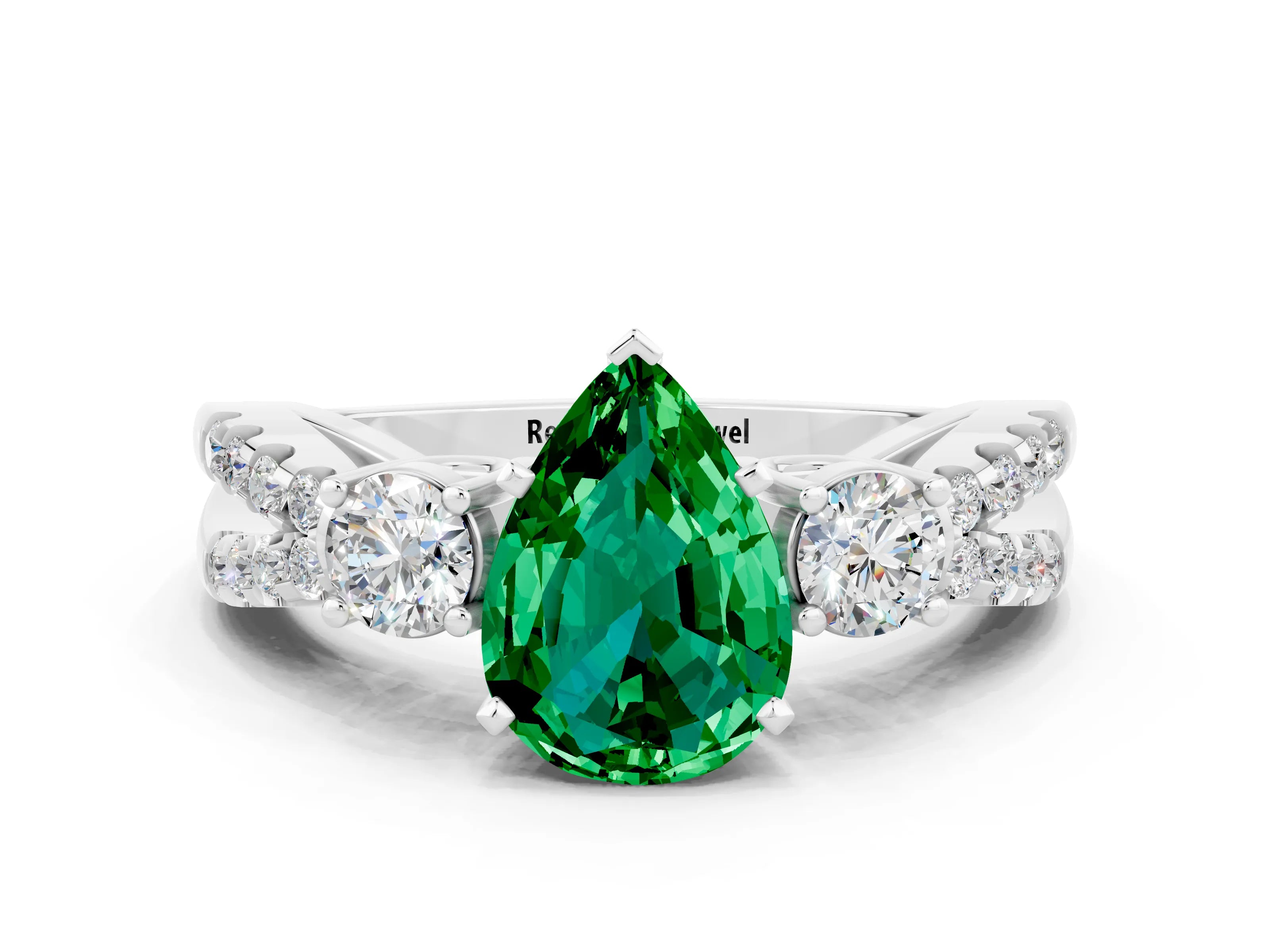 White gold Pear Cut Emerald Three-Stone Ring with Pavé Split Shank and Four-Prong Setting_12