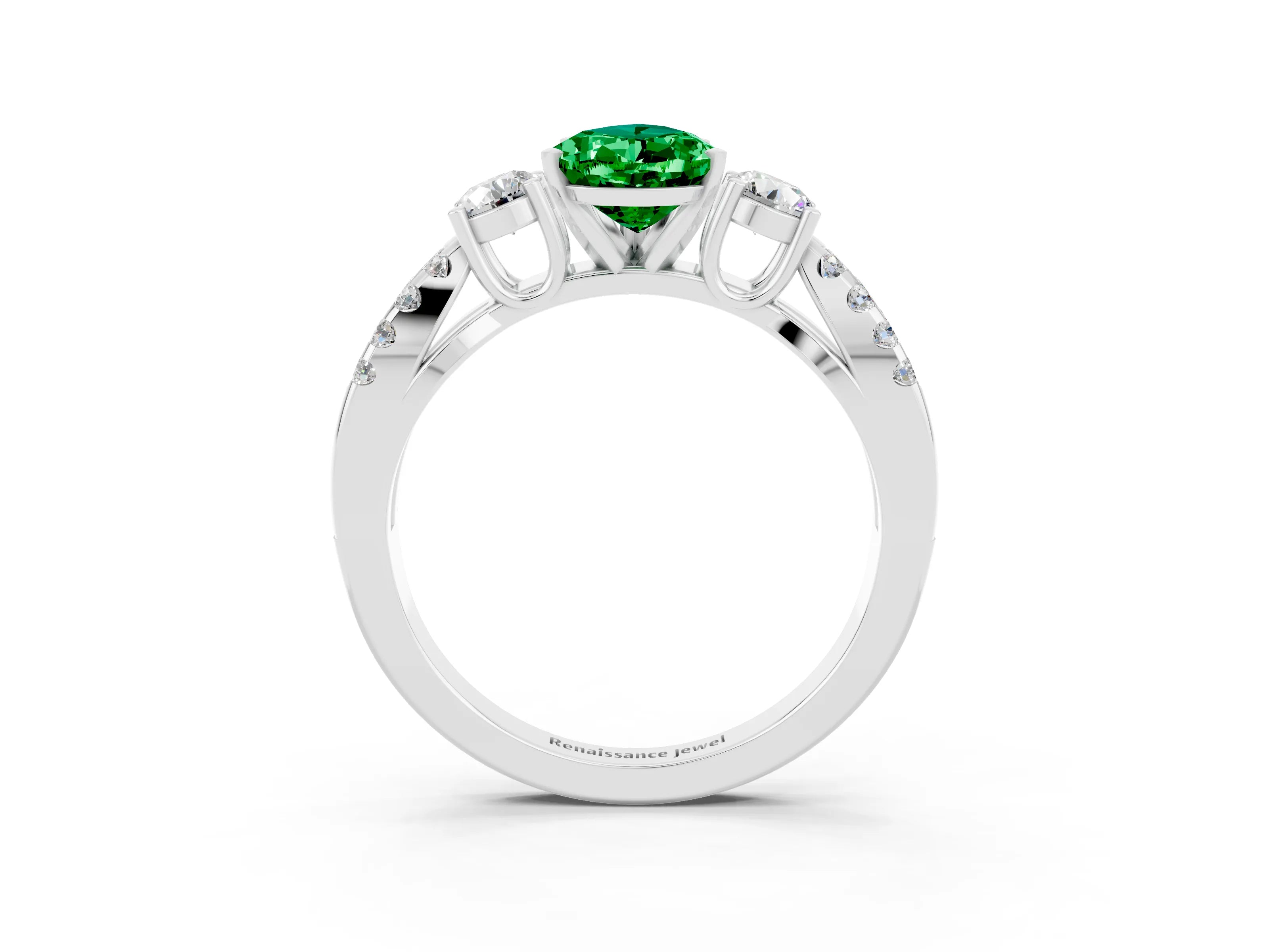 White gold Pear Cut Emerald Three-Stone Ring with Pavé Split Shank and Four-Prong Setting_15