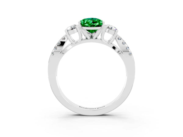 White gold Pear Cut Emerald Three-Stone Ring with Pavé Split Shank and Four-Prong Setting