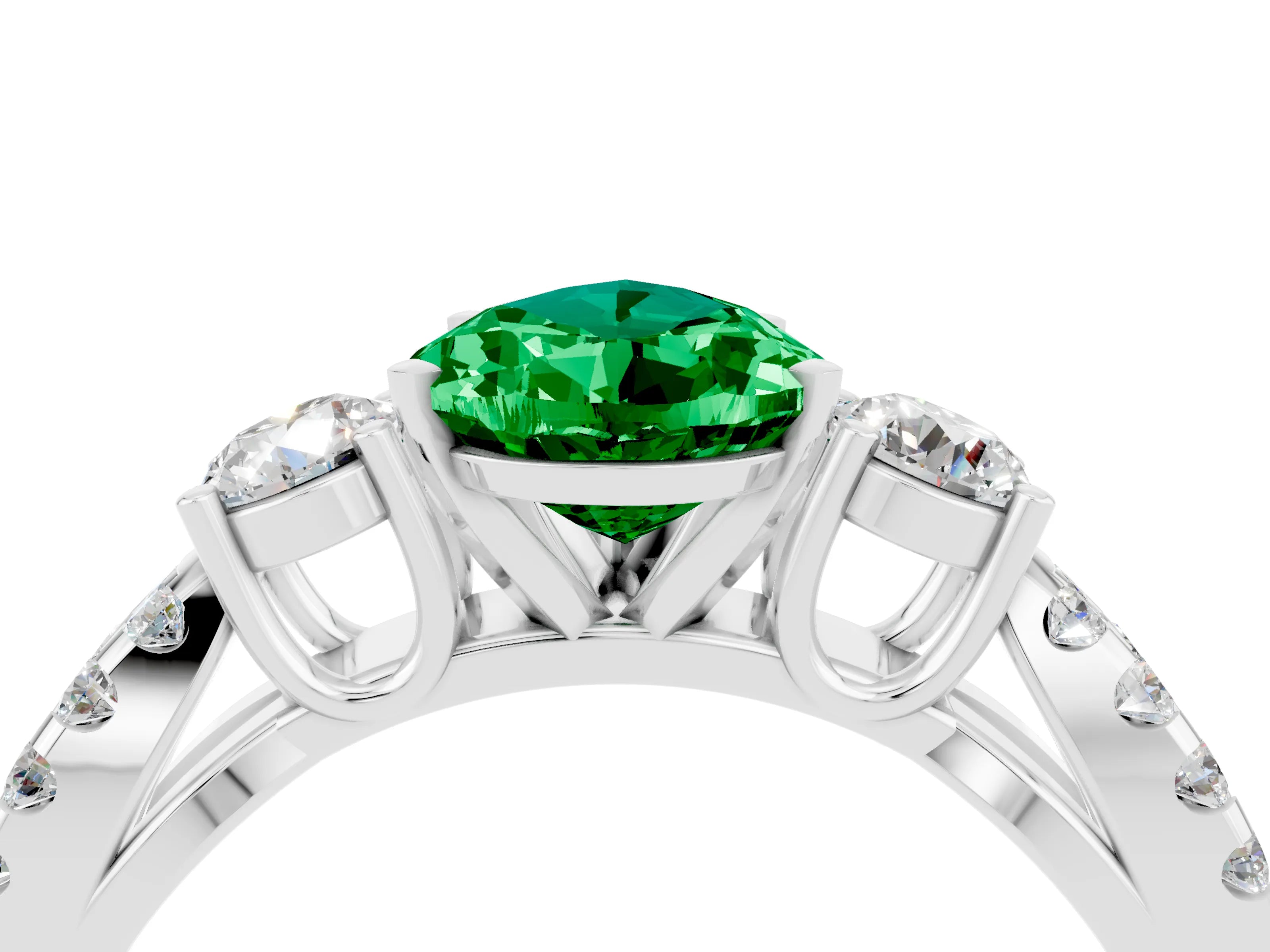 White gold Pear Cut Emerald Three-Stone Ring with Pavé Split Shank and Four-Prong Setting_16