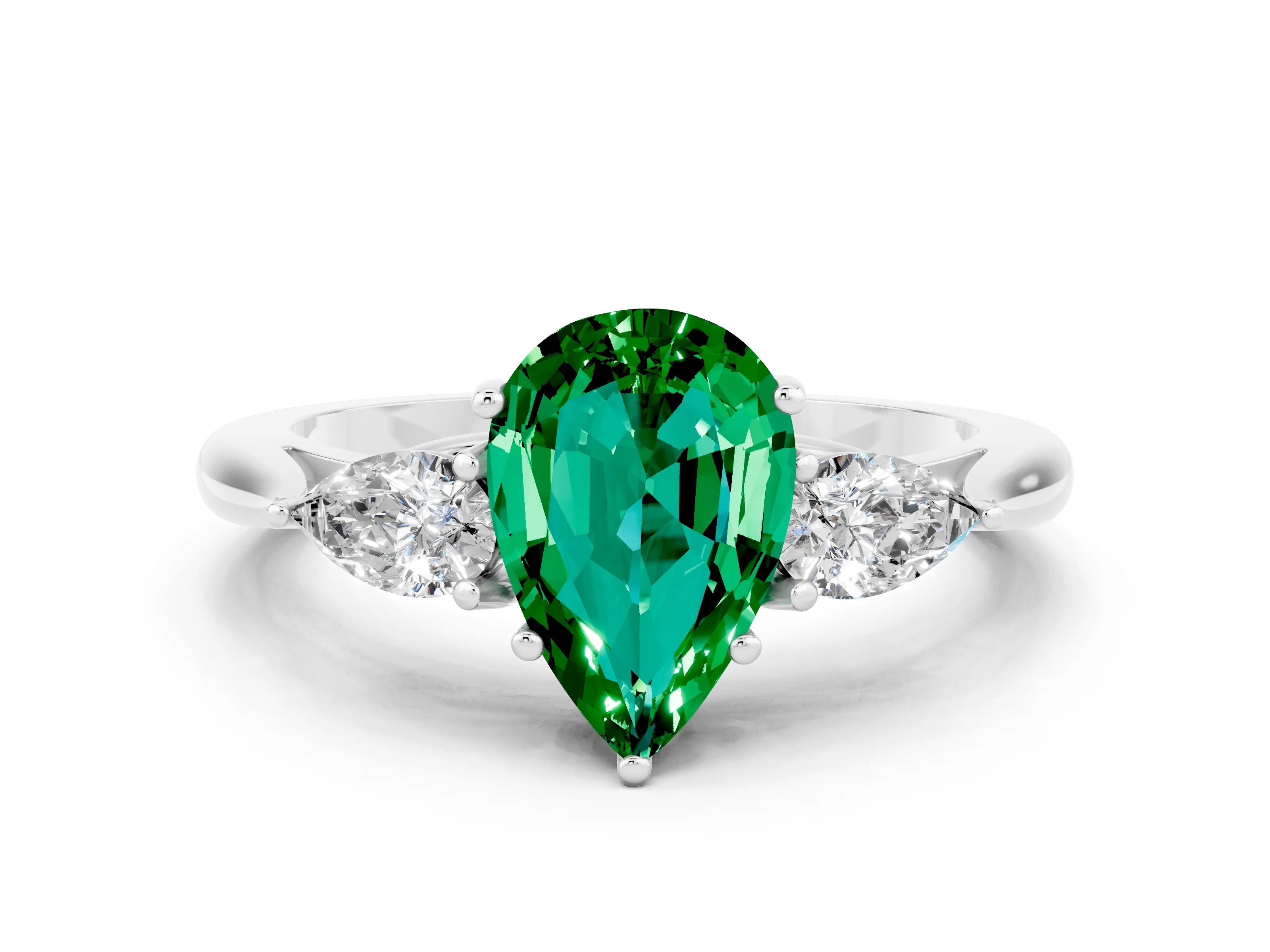 White gold Pear Cut Emerald Three-Stone Ring with Pear Side Stones and Four-Prong Setting_12