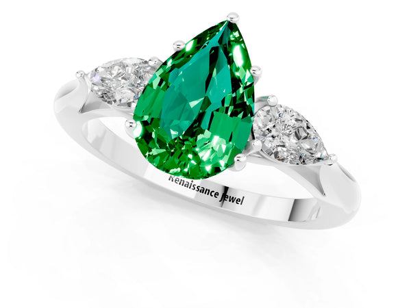 White gold Pear Cut Emerald Three-Stone Ring with Pear  Side Stones and Prong Setting