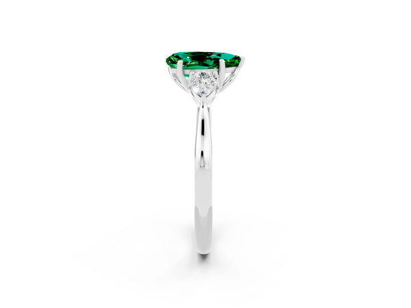 White gold Pear Cut Emerald Three-Stone Ring with Pear  Side Stones and Prong Setting
