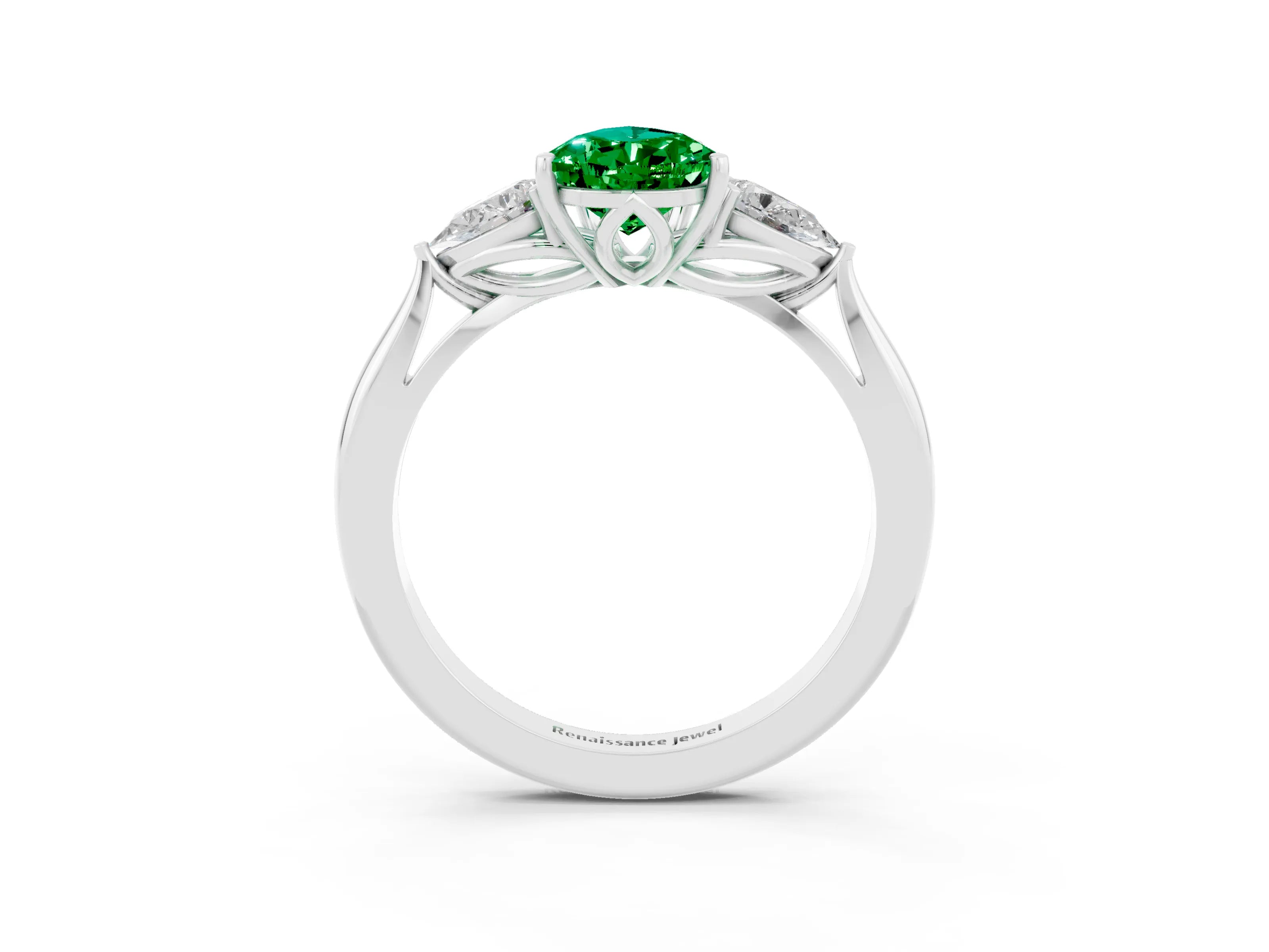 White gold Pear Cut Emerald Three-Stone Ring with Pear Side Stones and Four-Prong Setting_15