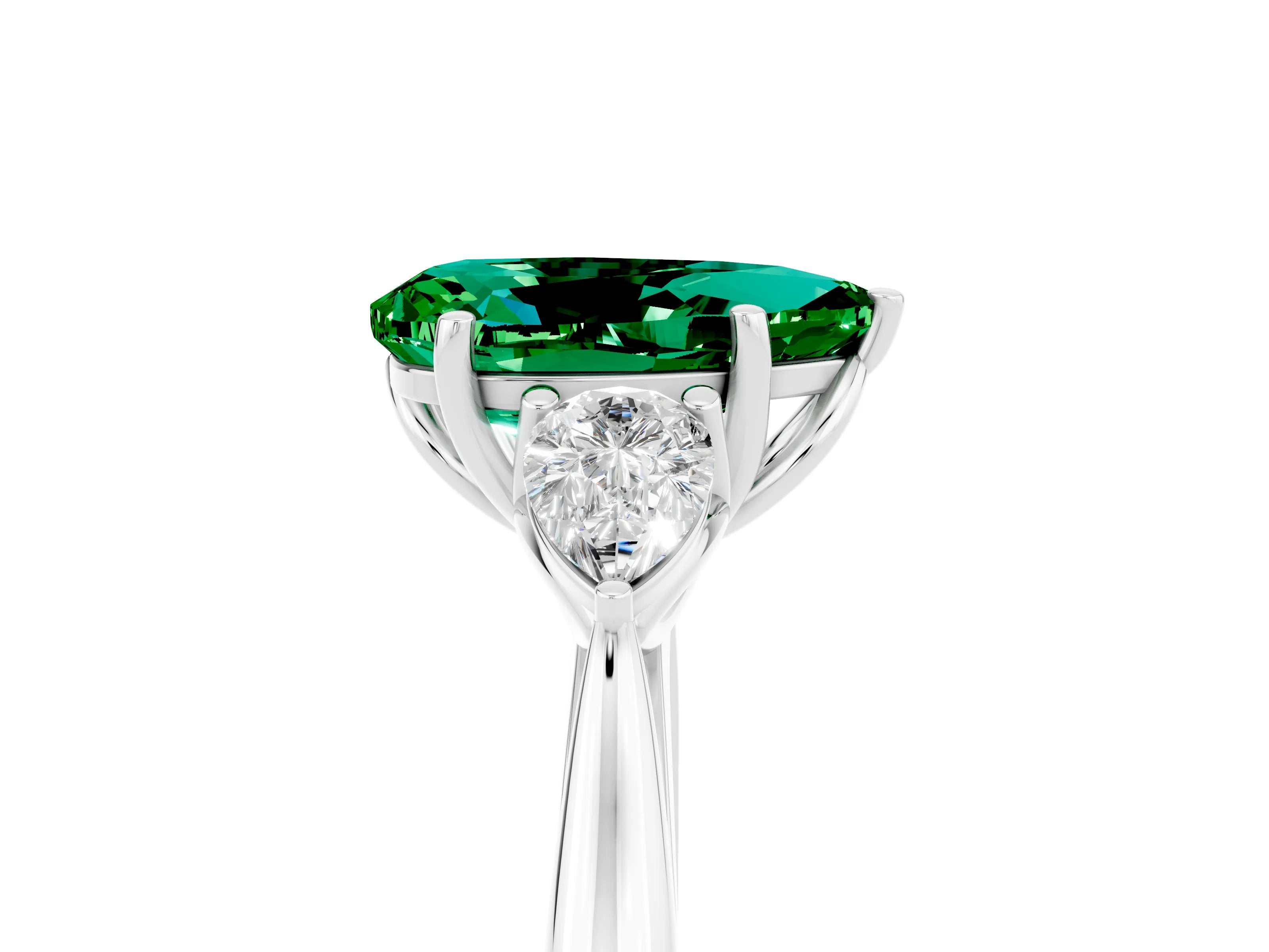 White gold Pear Cut Emerald Three-Stone Ring with Pear Side Stones and Four-Prong Setting_17