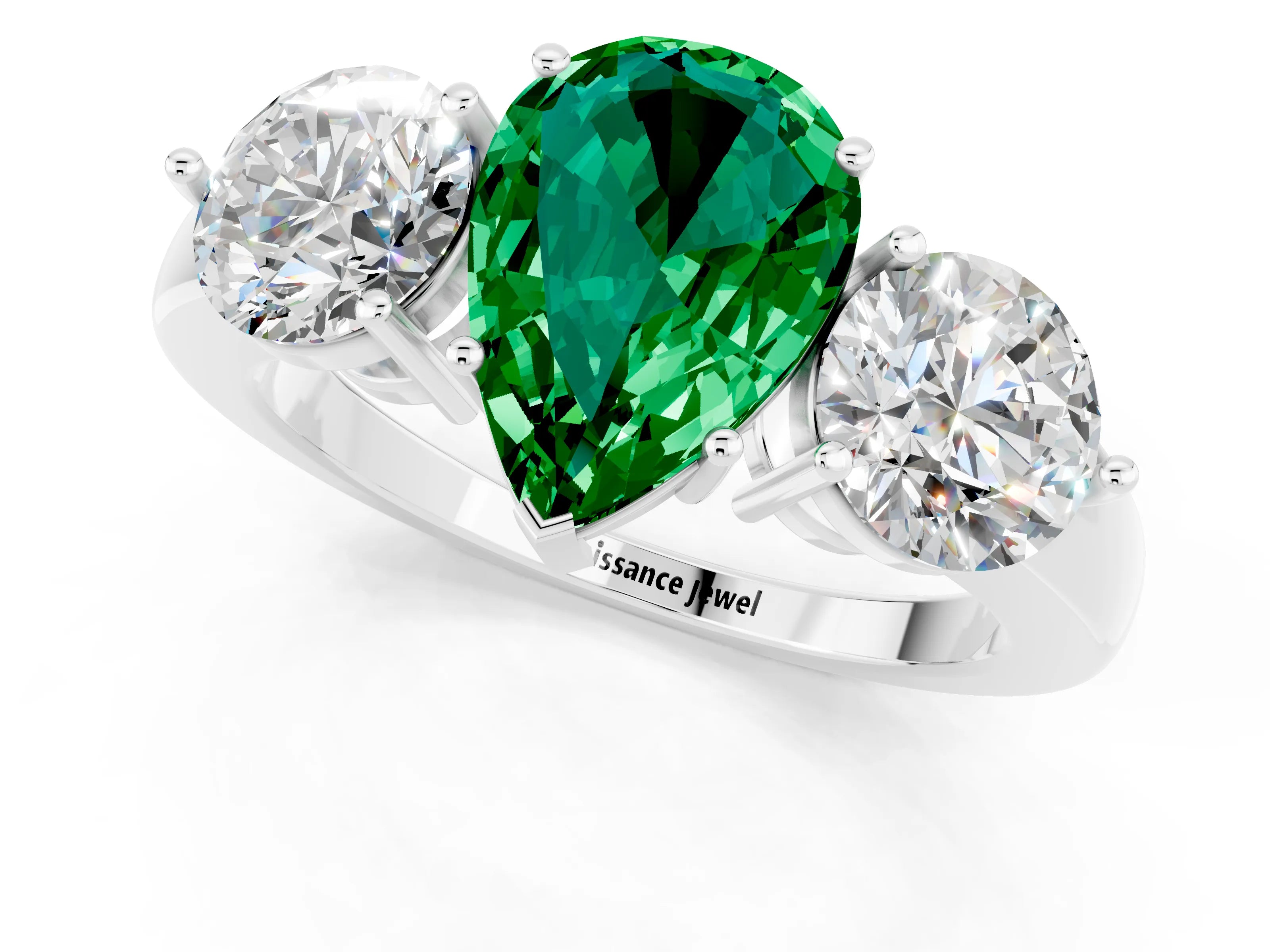 White gold Pear Cut Emerald Three-Stone Ring with Prong Setting and Classic Band_1