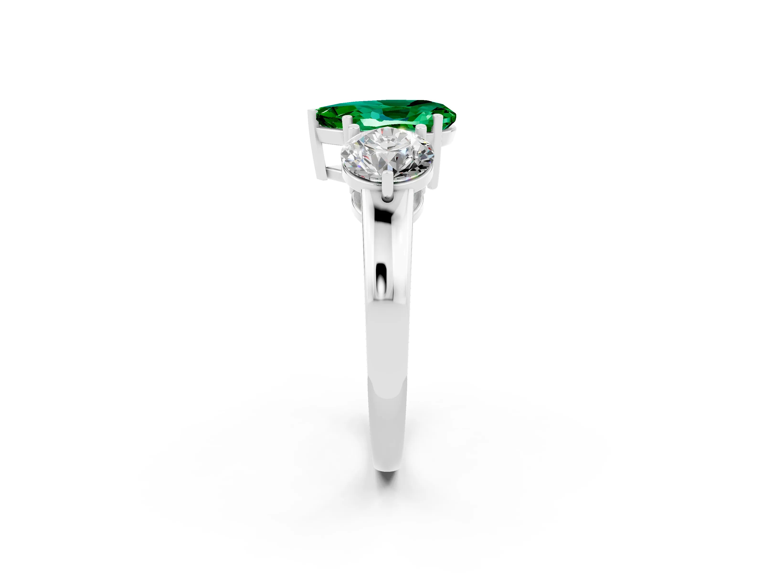 White gold Pear Cut Emerald Three-Stone Ring with Prong Setting and Classic Band_2