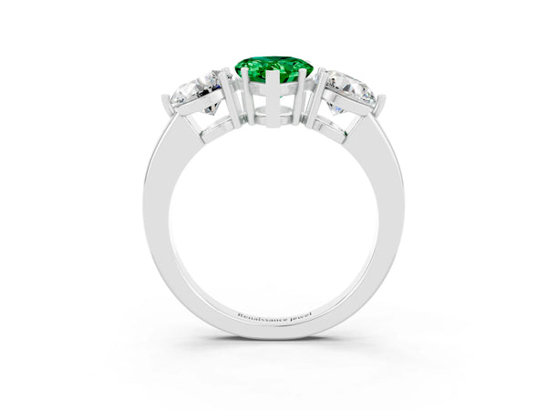 Platinum Pear Cut Emerald Three-Stone Ring with Prong Setting and Classic Band