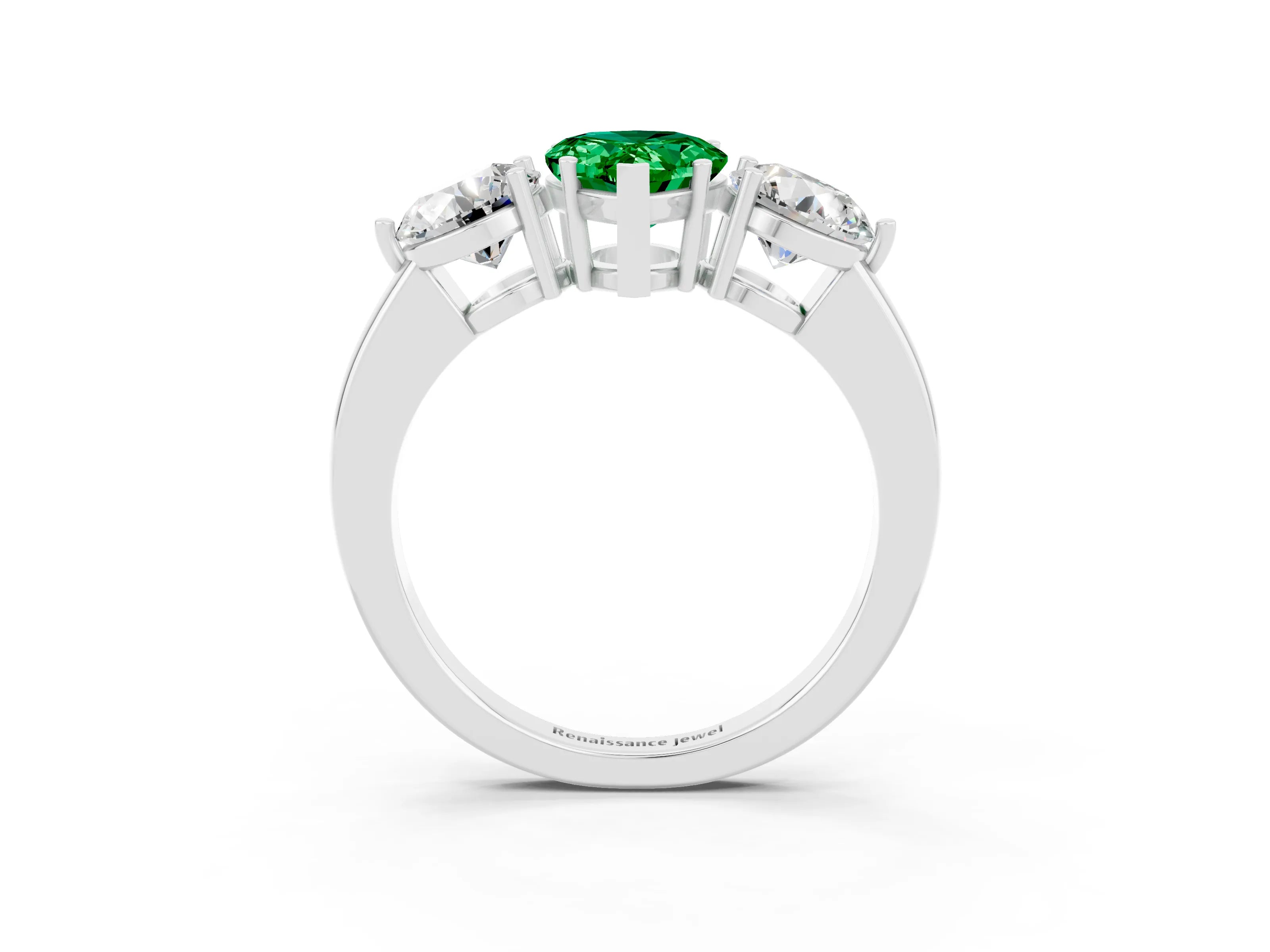 White gold Pear Cut Emerald Three-Stone Ring with Prong Setting and Classic Band_3