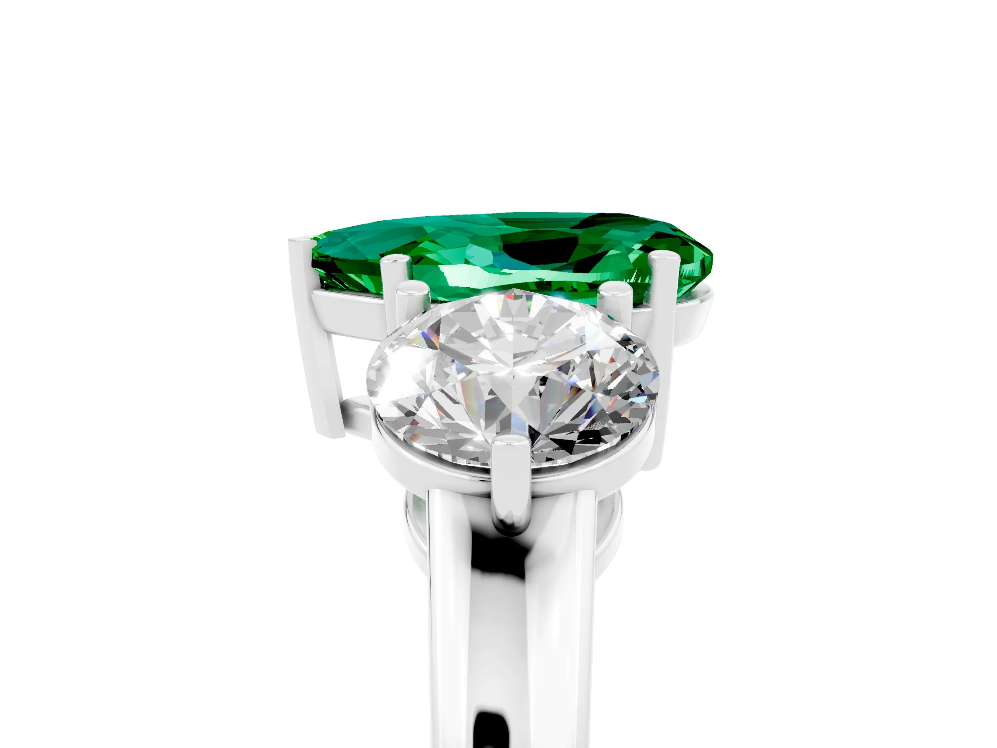 White gold Pear Cut Emerald Three-Stone Ring with Prong Setting and Classic Band_5
