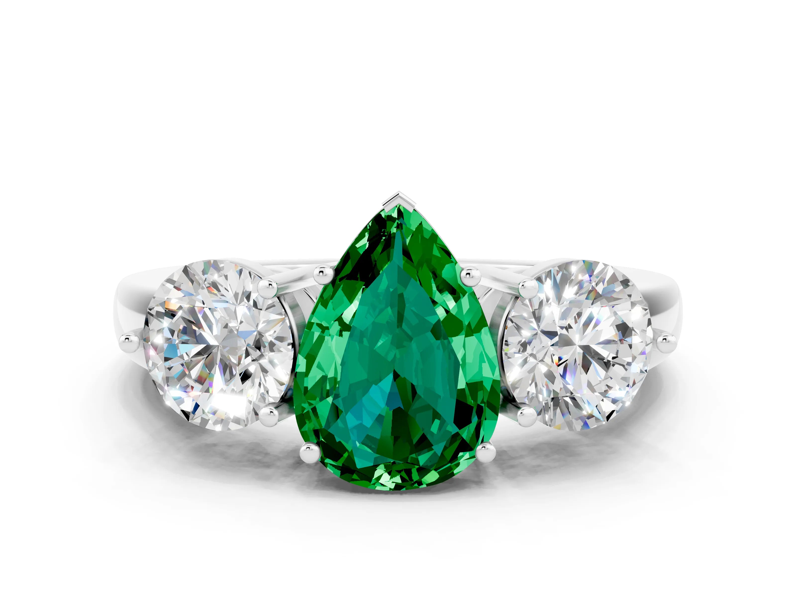 White gold Pear Cut Emerald Three-Stone Ring with Prong Setting and Classic Band