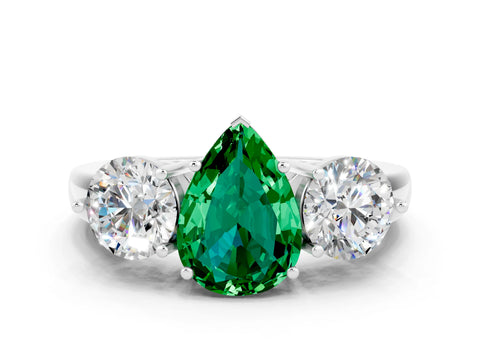 White gold Pear Cut Emerald Three-Stone Ring with Prong Setting and Classic Band