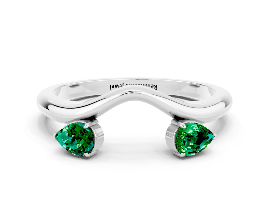 White gold Pear Cut Emerald Two-Stone Open Band Ring with Prong Setting_6