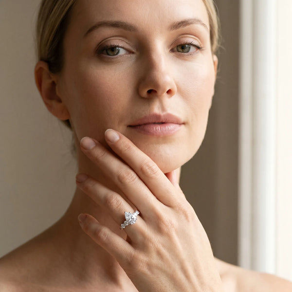 White gold Pear Cut Five-Stone Prong Set Diamond Ring with Classic Band