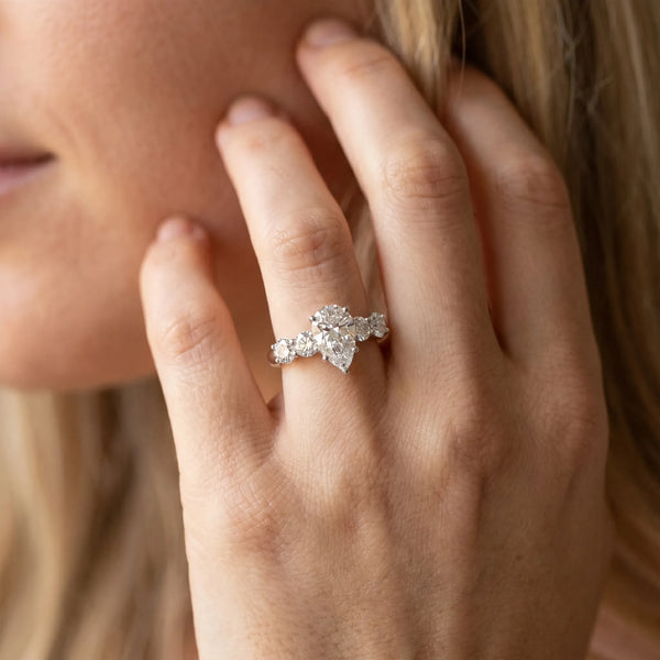 White gold Pear Cut Five-Stone Prong Set Diamond Ring with Classic Band