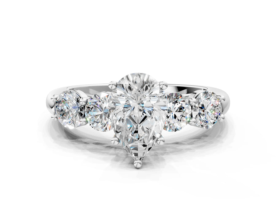 White gold Pear Cut Five-Stone Prong Set Diamond Ring with Classic Band