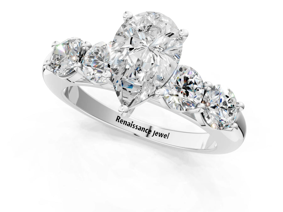White gold Pear Cut Five-Stone Prong Set Diamond Ring with Classic Band