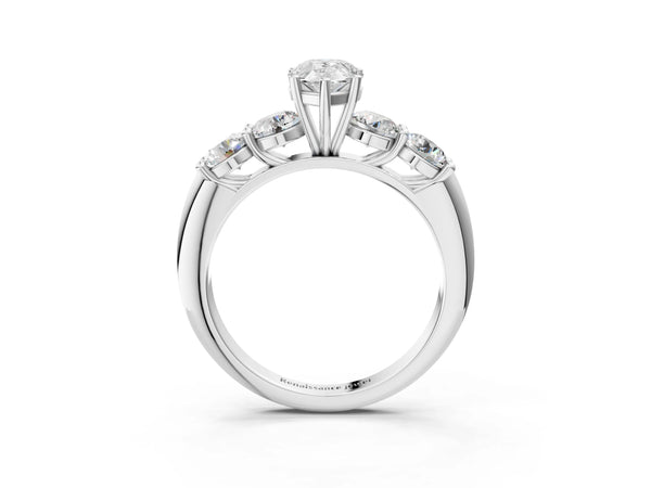 White gold Pear Cut Five-Stone Prong Set Diamond Ring with Classic Band
