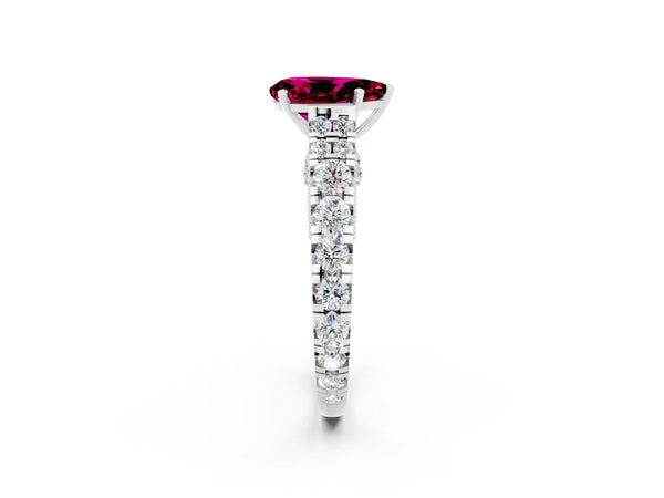 White gold Pear Cut Garnet Classic Solitaire Ring with Pavé Band and Four-Prong Setting