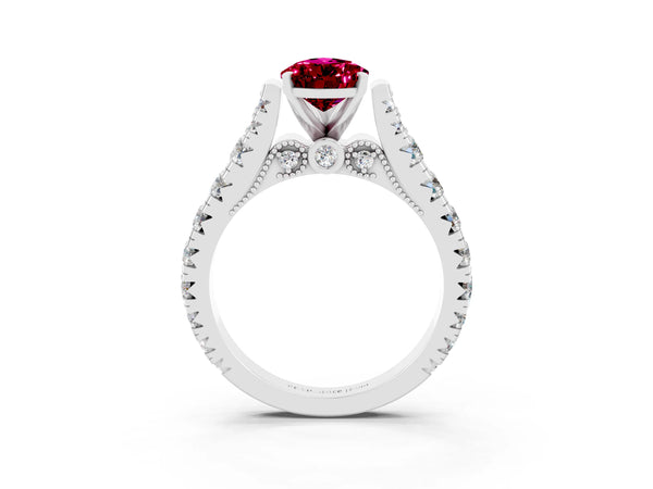 Platinum Pear Cut Garnet Classic Solitaire Ring with Pavé Band and Four-Prong Setting