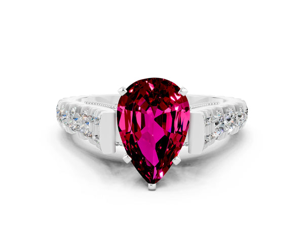 White gold Pear Cut Garnet Classic Solitaire Ring with Pavé Band and Four-Prong Setting