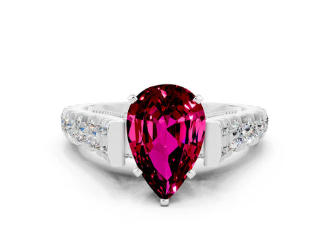 White gold Pear Cut Garnet Classic Solitaire Ring with Pavé Band and Four-Prong Setting