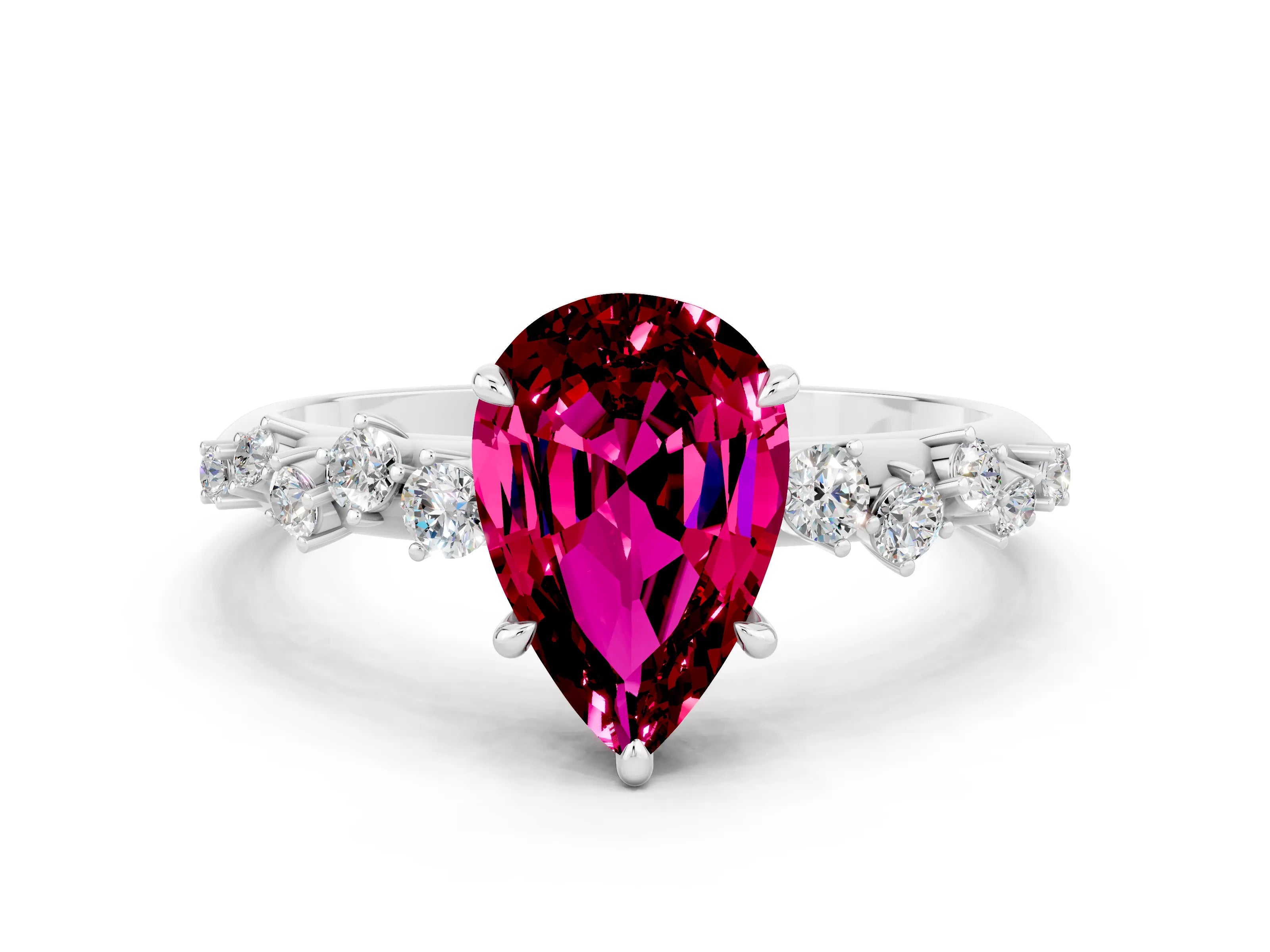 White gold Pear Cut Garnet Cluster Side Stone Solitaire Ring with Prong Setting_24