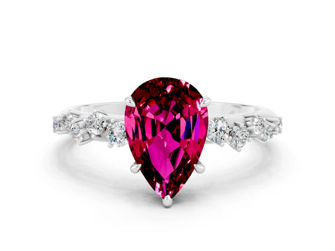 White gold Pear Cut Garnet Cluster Side Stone Solitaire Ring with Prong Setting_24